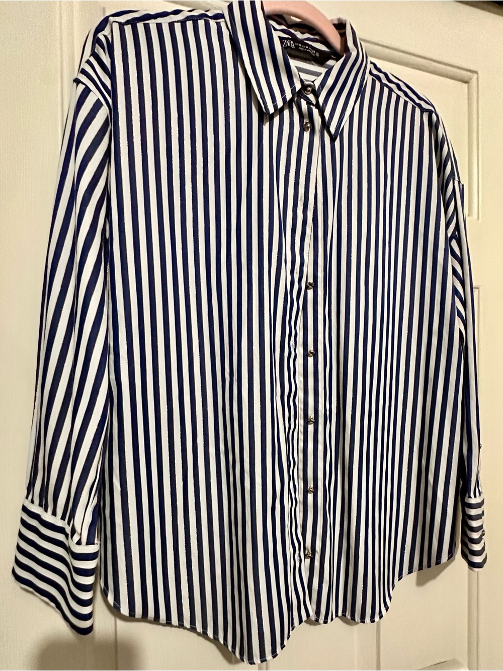 Zara Blue and White with Metallic Threading Vertical Stripe Button-Down Shirt